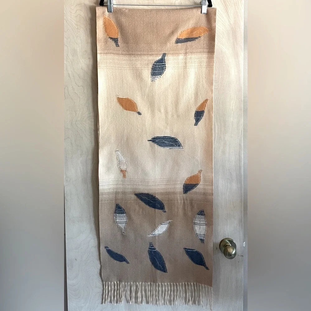 J Jill Scarf Blue Gold Leaves Natural Colored Gradient Background NWOT
